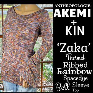 ▪️ANTHRO▪️AKEMI + KIN▪️Thin Ribbed Rainbow Spacedye ZAKA Bell Sleeve Top